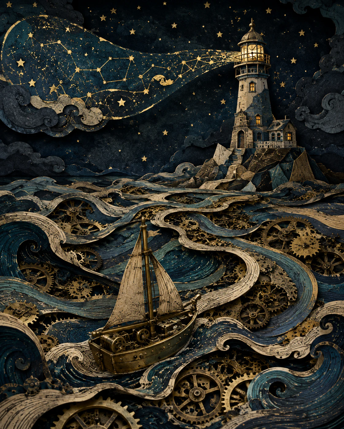 A brass boat crossing clockwork waves toward a lighthouse.