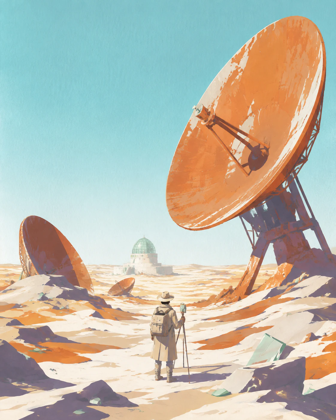 A surveyor among enormous rusted dishes in a pale desert.