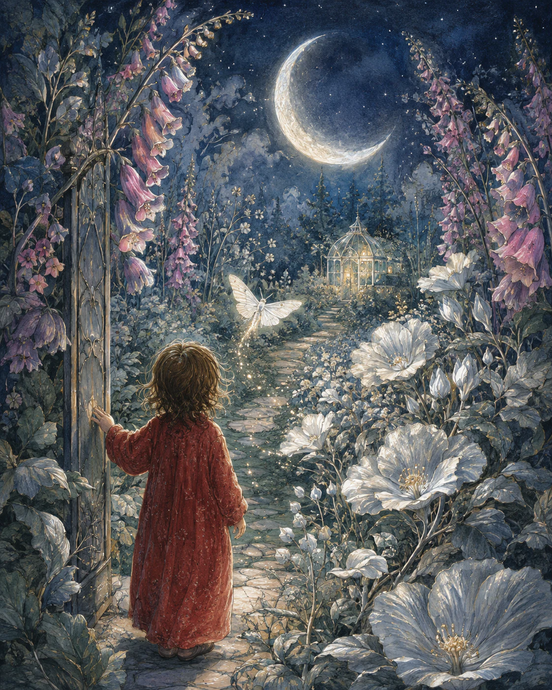 A child entering a moonlit garden of silver flowers.